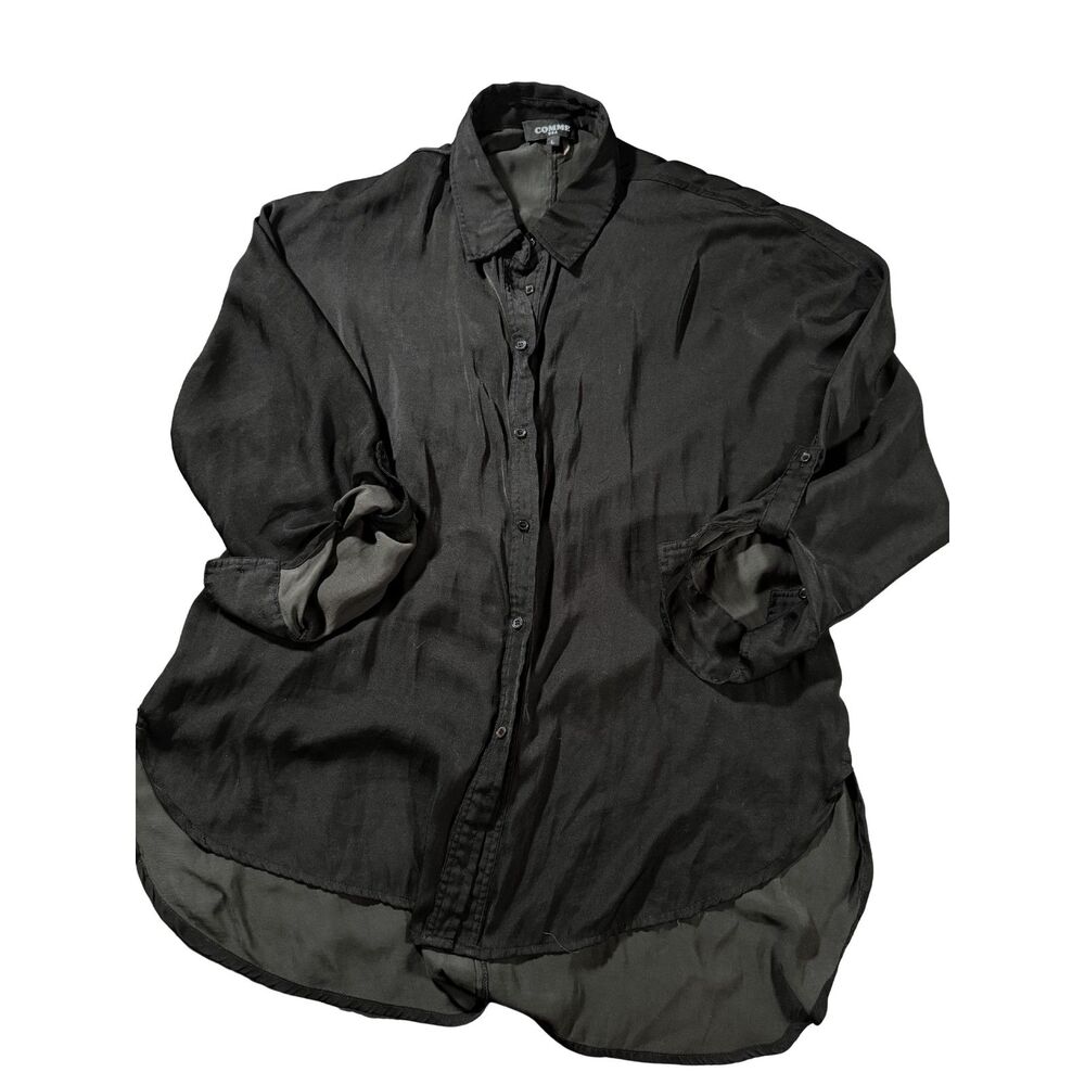 Comme USA Black High-Low Hem Button Down Blouse Roll Tab Sleeve Lg